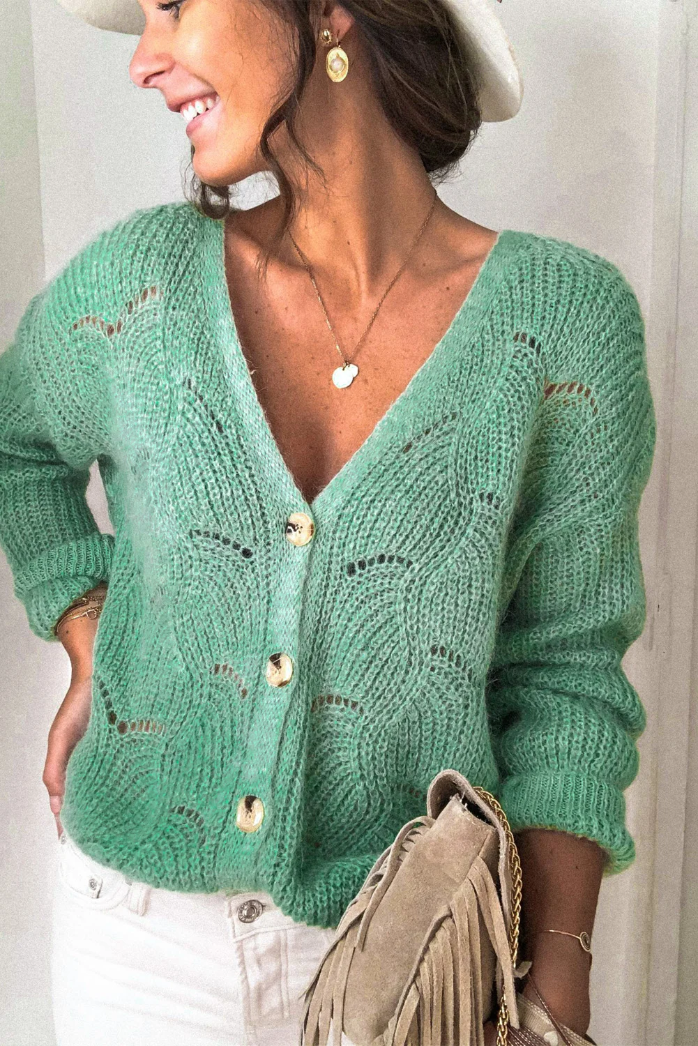 Green V Shaped Neckline Buttoned Knit Sweater | IFYHOME