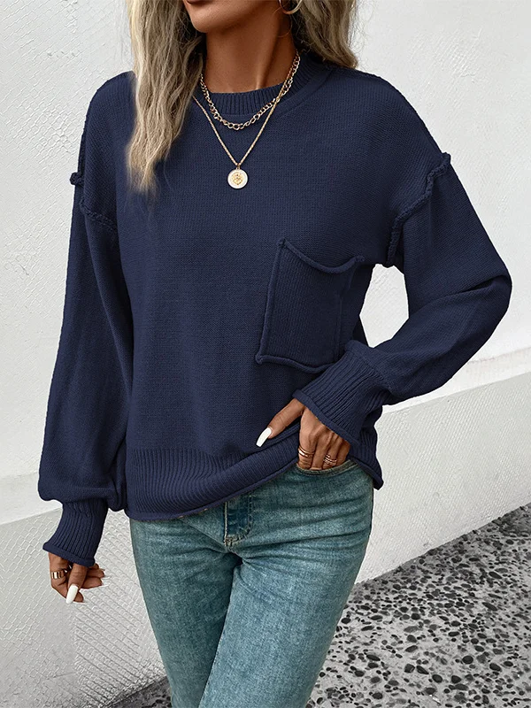 Split-Joint Solid Color Pockets Loose Long Sleeves Round-Neck Sweater Tops Pullovers