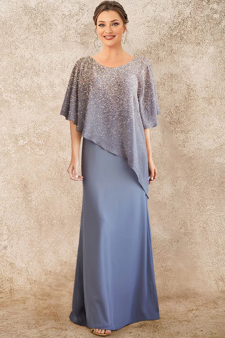 Flycurvy Plus Size Mother Of The Bride Dusty Blue Chiffon Ombre Sparkly Print Irregular Cape Maxi Dress  Flycurvy [product_label]