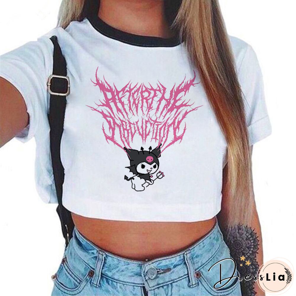 Summer Fashion Punk Tshirt Harajuku Gothic Sexy Crop Top Women Shirt Funny Hip Hop O-Neck