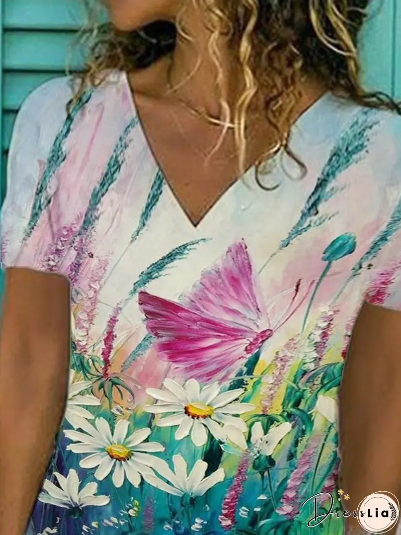 Butterfly Flower Print Loose V-neck Short Sleeve T-shirt