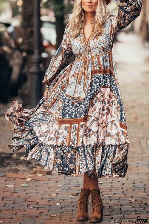 Bohemia Print Long Sleeve Maxi Dress