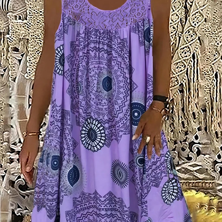 Plus Size Casual Dress, Women's Plus Tile Print Eyelet Embroidered Round Neck Tank Dress