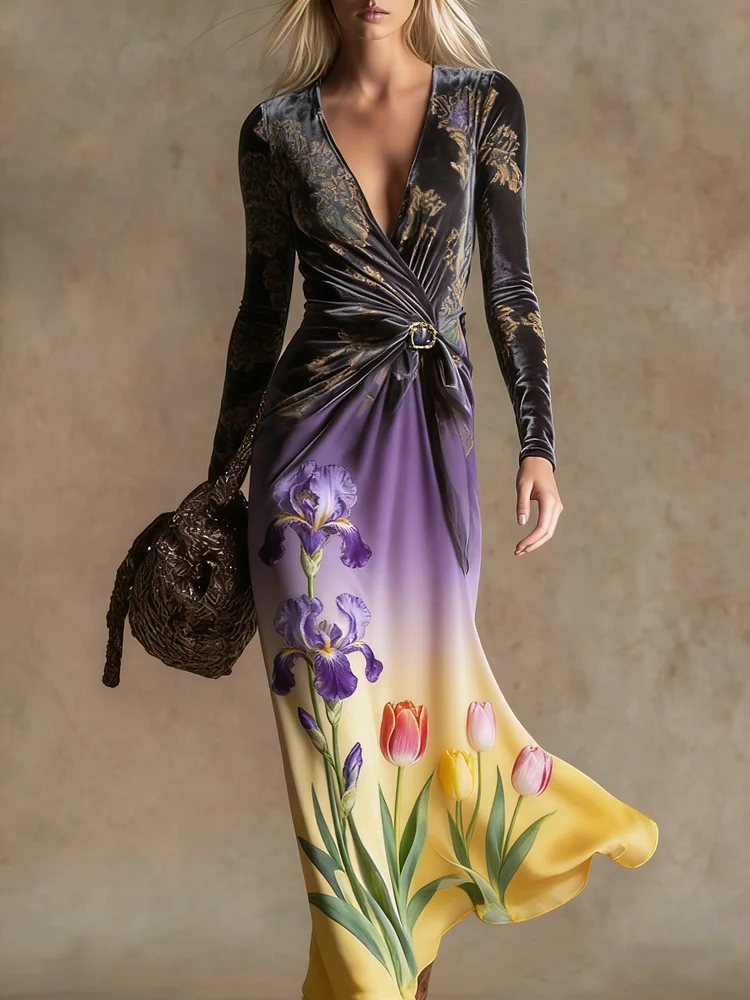Elegant vintage print V-neck velvet maxi dress