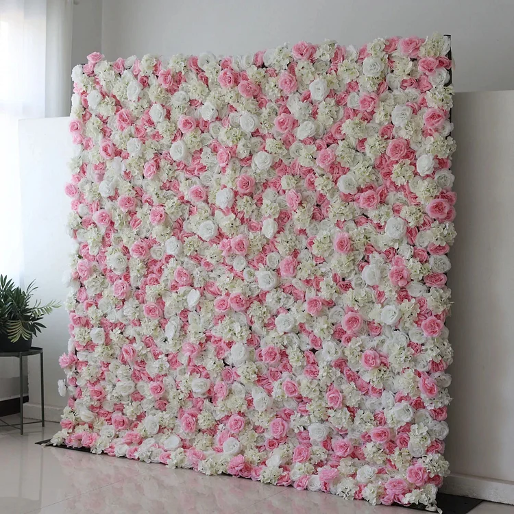 Roll Up Fabric Artificial Opera Mauve Pink and White Flower Wall Wedding Backdrop, Floral Party Decor, Event Photography-VF-025-2