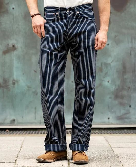 Business Stripe Straight Leg Pockets Button Denim Jean 
