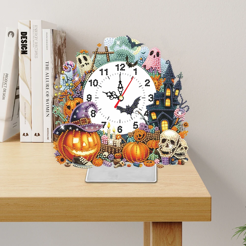 DIY Halloween Pumpkin Acrylic Special Shaped Diamond Painting Clock Desktop Decor