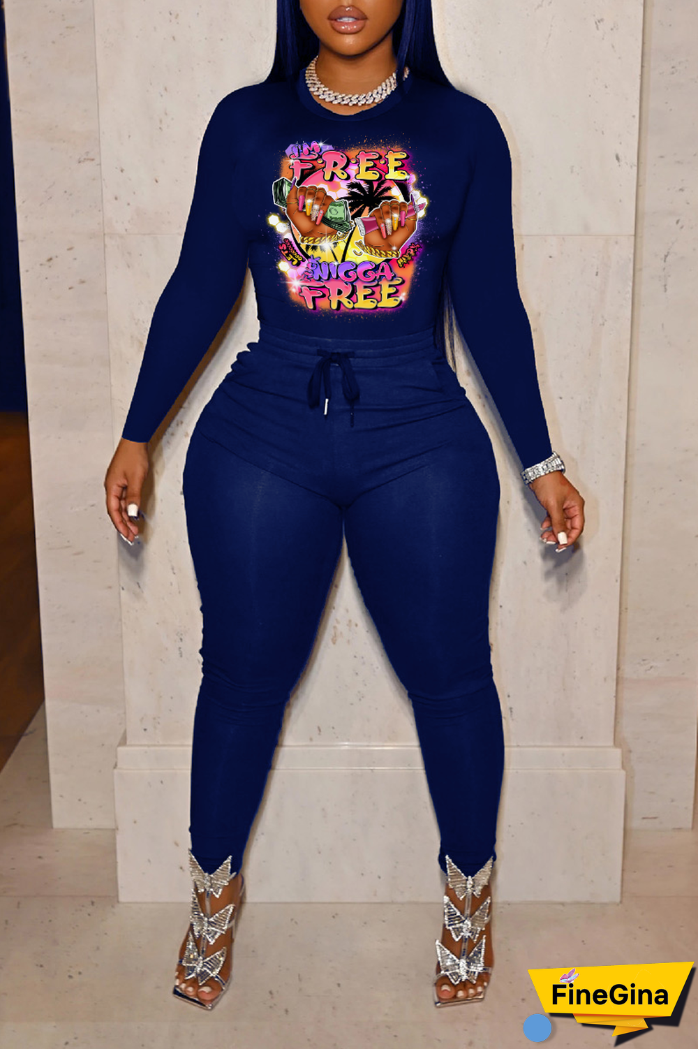 Navy Blue Casual Vintage Print Patchwork O Neck Tops