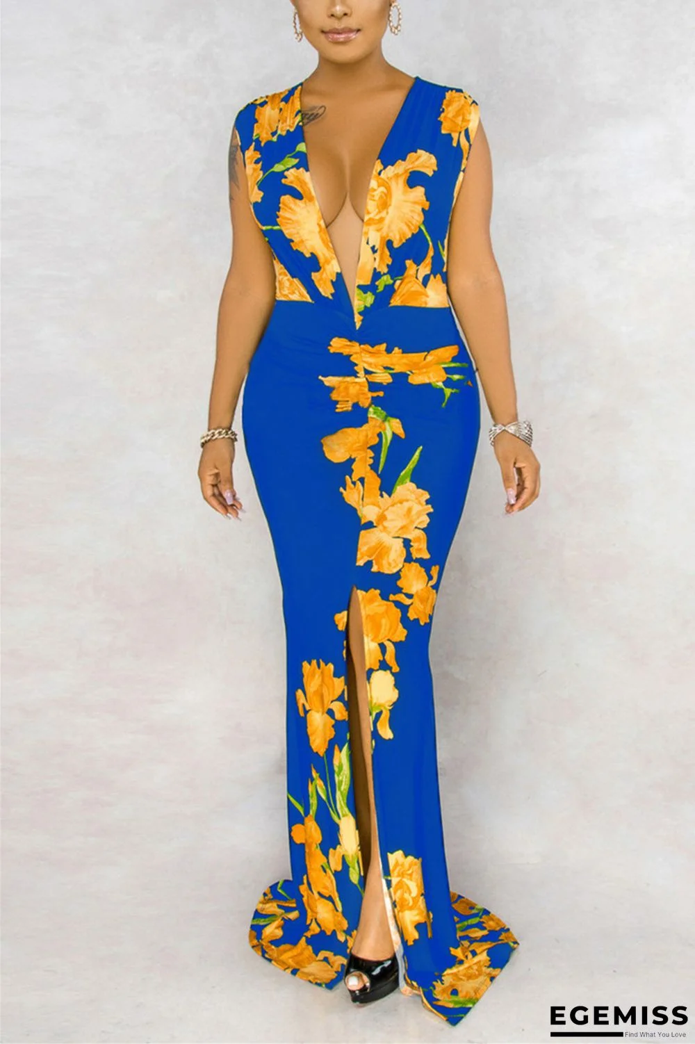 Blue Sexy Fashion Print Sleeveless Long Dress | EGEMISS