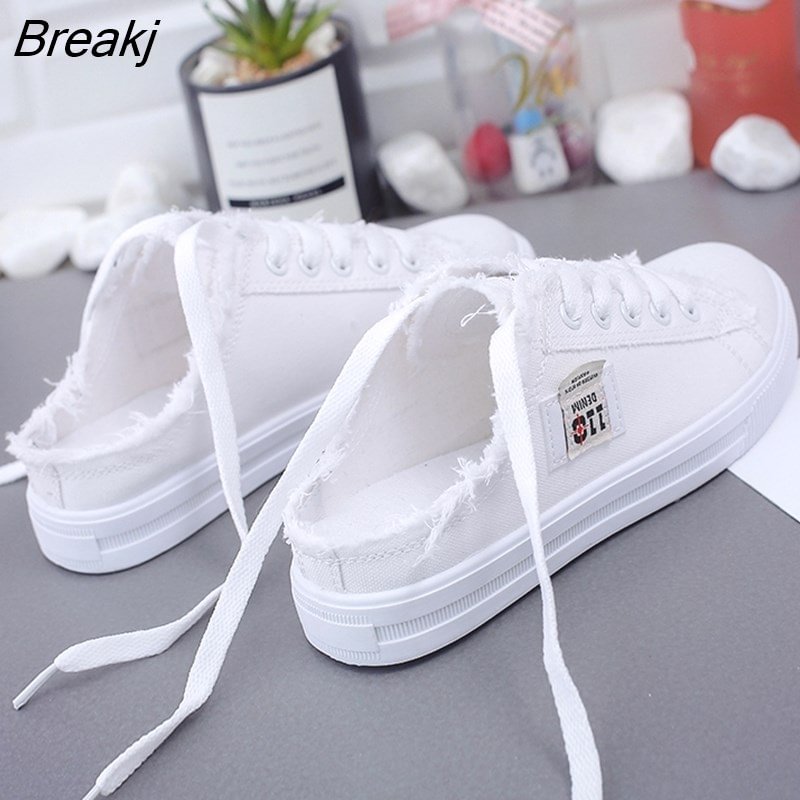 Breakj Hot New 2021 Spring Summer Women Canvas Shoes flat sneakers women casual shoes low upper lace up white shoes 35-41