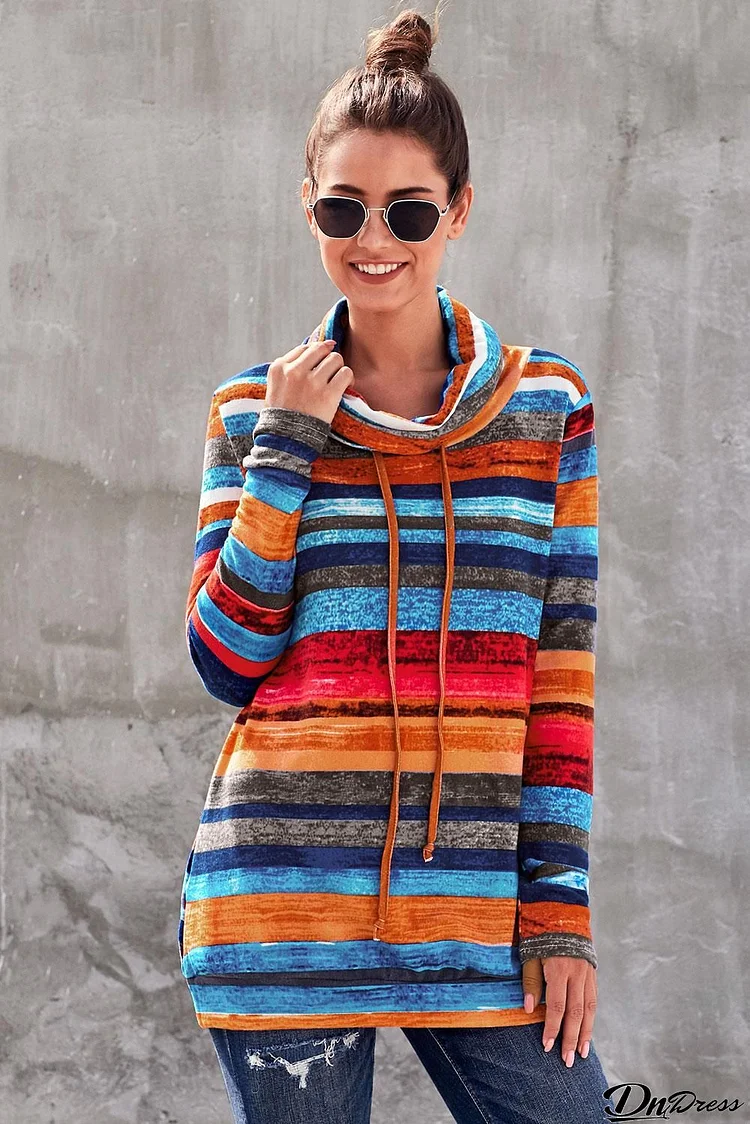 Vibrant Multicolor Cowl Neck Striped Long Sleeve Sweatshirt