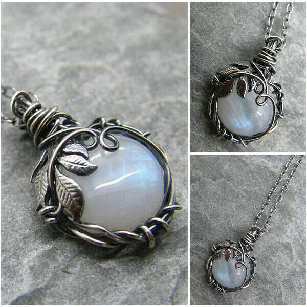 Blue Moonstone Silver Leaf Necklace