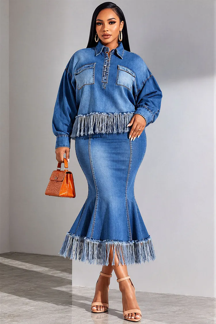 Xpluswear Design Plus Size Party Blue Shirt Collar Long Sleeve Strappy Mermaid Denim Two Piece Skirt Sets [Pre-Order] 2024 - Xpluswear