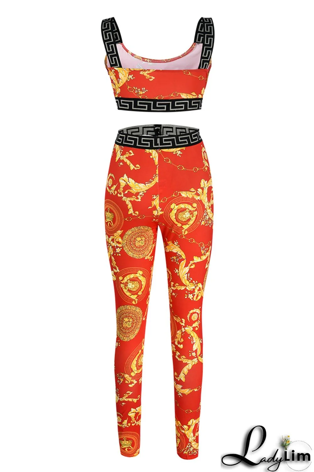 Red Fashion Casual Print Patchwork Backless O Neck Sleeveless Two Pieces