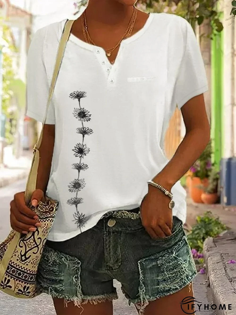 Buttoned Casual V Neck Floral Short Sleeve T-Shirt | IFYHOME