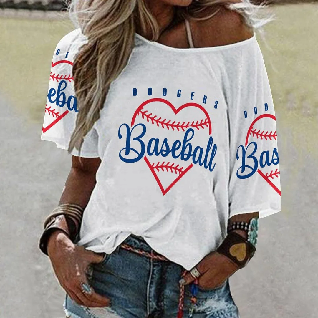 Shoulder Off  Loose Short Sleeve Casual T-shirt for Women Printed with Pattern , Blue, Red,