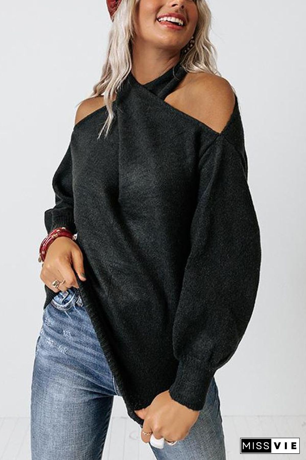 Multi Strap Cold Shoulder Sweater