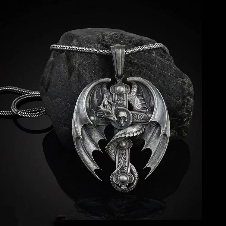 Dragon Encircled Cross Silver Christian Men Necklace