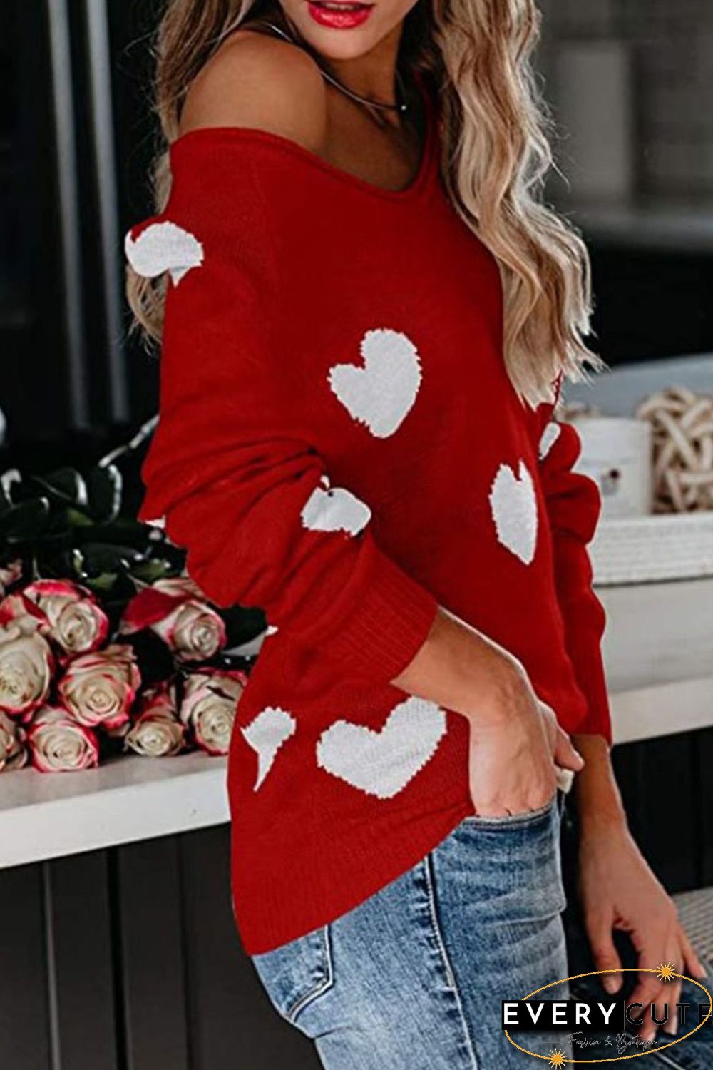 Red Heart Pattern V Neck Knit Sweater