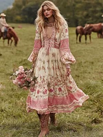 Women's Vintage Pink Rose Comfy Linen V-neck Dress