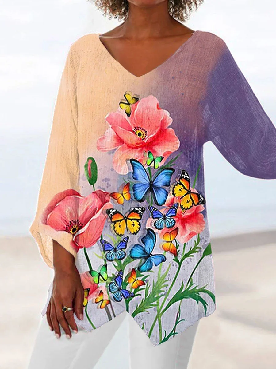 Women's Vintage Gradient Flower Butterfly Print Resort Casual Top