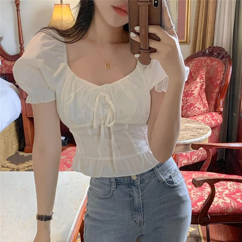 Rapcopter Vintage Crop Top Sweet Tie up Tshirt Korean Square Collar Corset Top Summer Puff Sleeve Tee Top Women Streetwear 90s