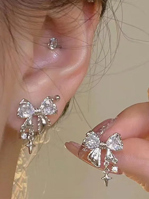 Brownm Bow Rhinestone Styling Stud Earrings