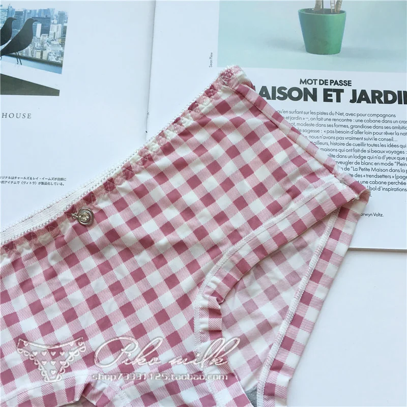 Billionm Colors Ice Silk Printing Cute Students Low Waist Cartoon Plaid Women's New Underwear Lolita Fruit Animal Fashion Panties Bow