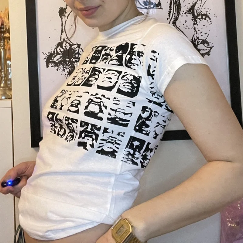 Gothic Portrait Print T-shirt E-girl Aesthetic Casual Short Sleevle Sweats Tees Harajuku Streetwear White Crop Top Women Clothes