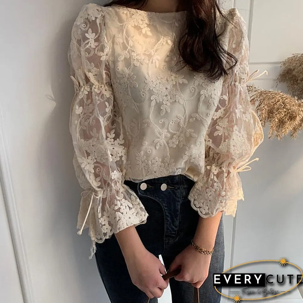 Spring Autumn New Girl Chiffon Shirt Fashion Embroidered Lace Tops Elegant Flare Sleeve