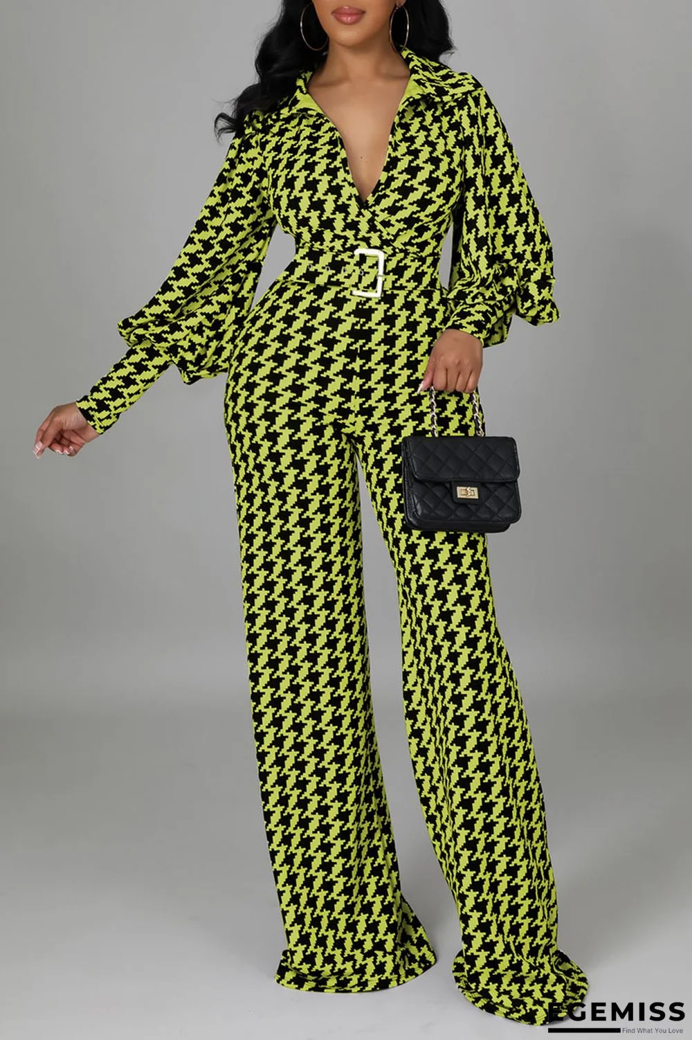 Green Fashion Print Patchwork With Belt V Neck Straight Jumpsuits | EGEMISS