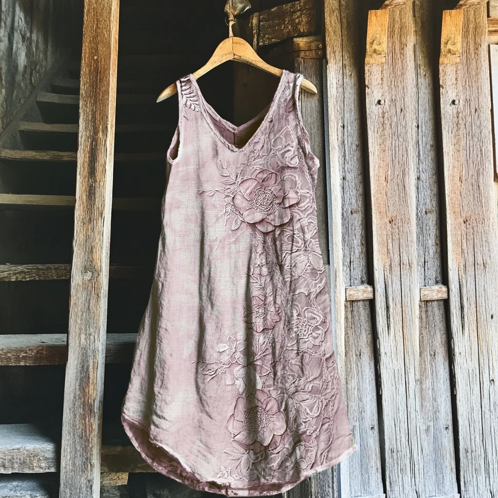 Vintage Flowers Art Pattern Linen Midi Dress