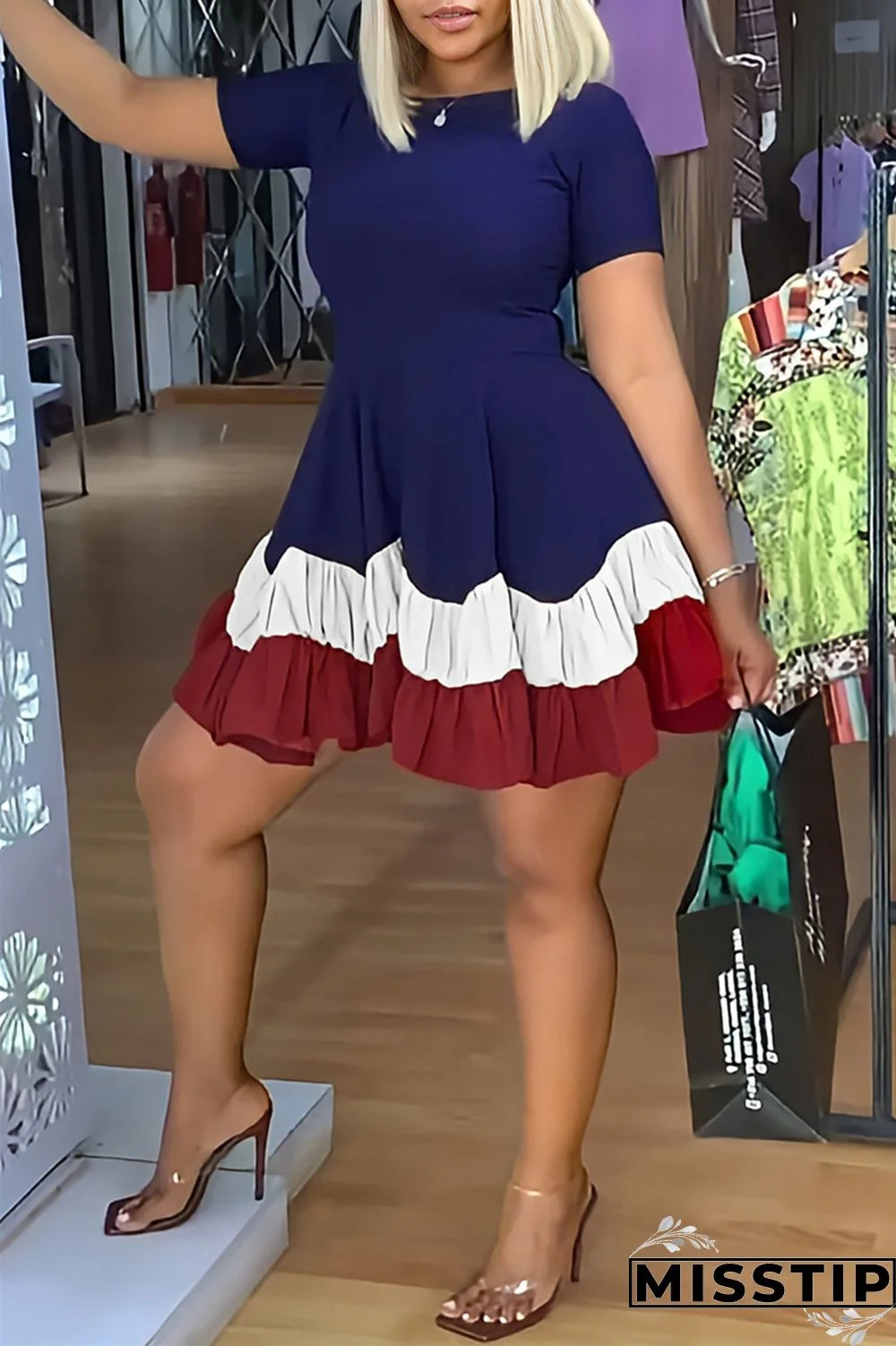 Blue Red Fashion Casual Solid Patchwork O Neck Short Sleeve Dress