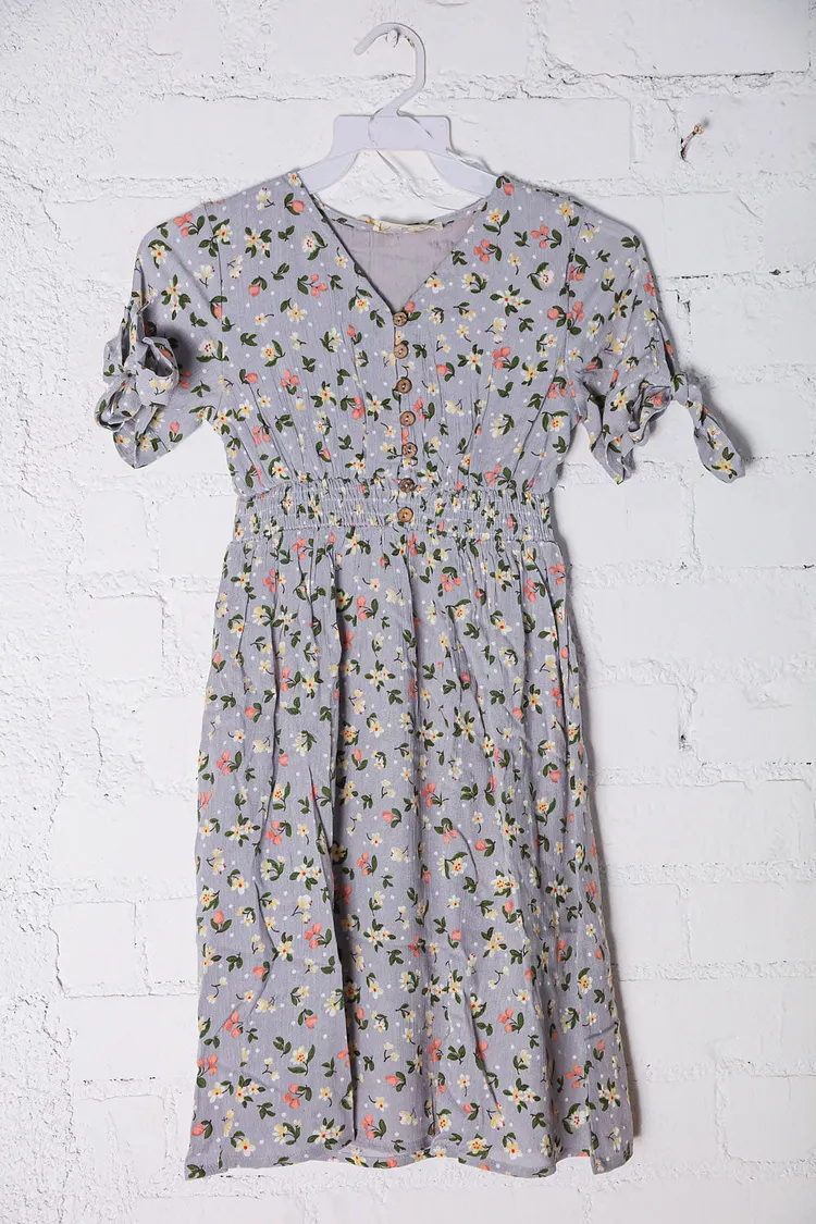 Kids Adorable Blue Smocked Waist Floral Bow Tie Sleeve Dress