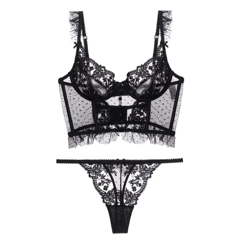 Billionm Underwear Backless French Ultra-thin Lace Embroidery Dot Bra Set Buttons Decorate Women Intimate 3 Pieces Bra+Thongs+Garter