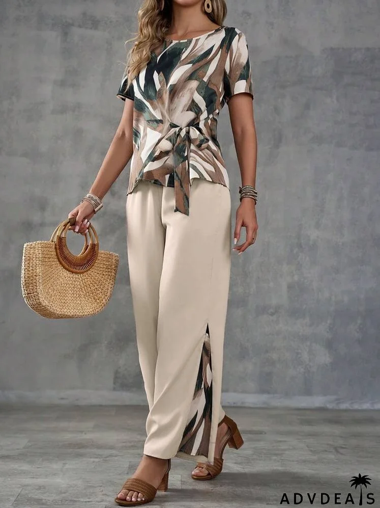 Ladies' Summer Vacation Casual Random Print Tie-Front Short Sleeve Shirt And Patchwork Long Pants Set