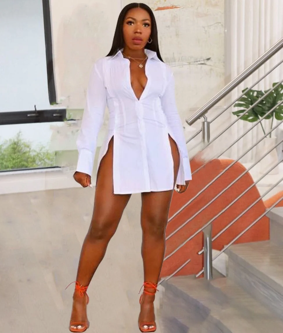 CM.YAYA Elegant Women High Side Split Long Sleeve Single Breasted Shirt Dress for 2022 Summer Spring Sexy Basic Fashion Dresses