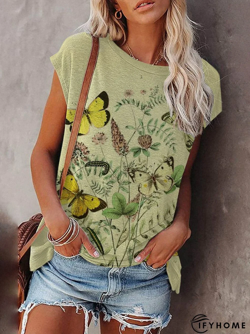 Butterfly Short Sleeve Printed Cotton-blend Crew Neck Holiday Summer Yellow Top | IFYHOME