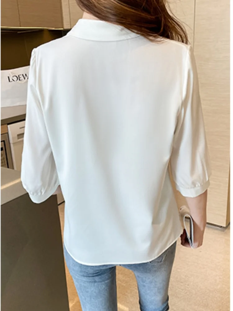uveng Women Shirt Three Quarter Sleeve Blouses for Women Satin Blouses and Shirts Summer Fashion Women Clothing White Women Tops