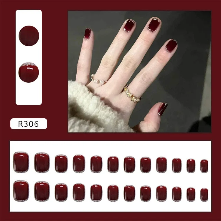 24Pcs Shiny Short Square False Nail With Sticker Wine Red Classic French Artificial Fake Nails DIY Full Cover Tips Manicure Tool