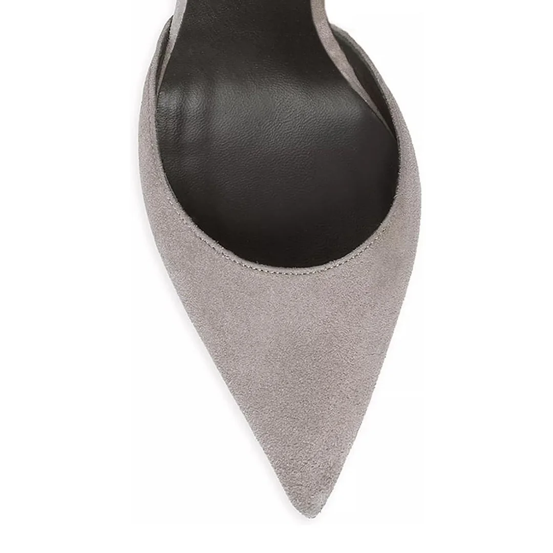 Vegan Suede Stiletto Heel Pointed Toe Slingback Pumps Shoes in Grey