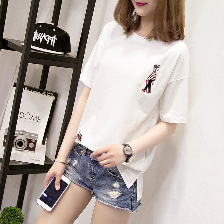 Cartoon Embroidered Shift Casual Shirts & Tops