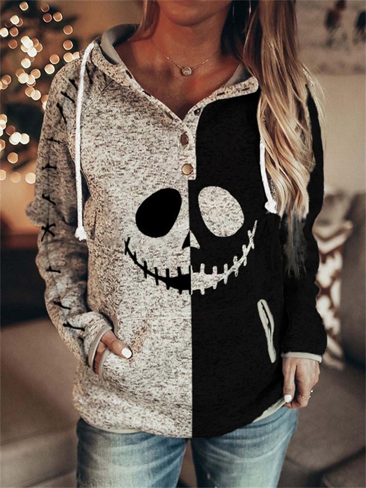 Halloween Spooky Face Contrast Color Hoodie