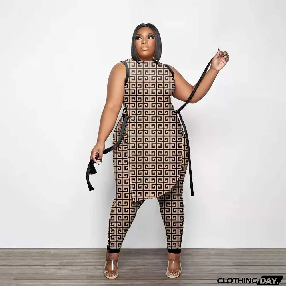 Plus Size Printed Split Sleeveless Top And Pants Set