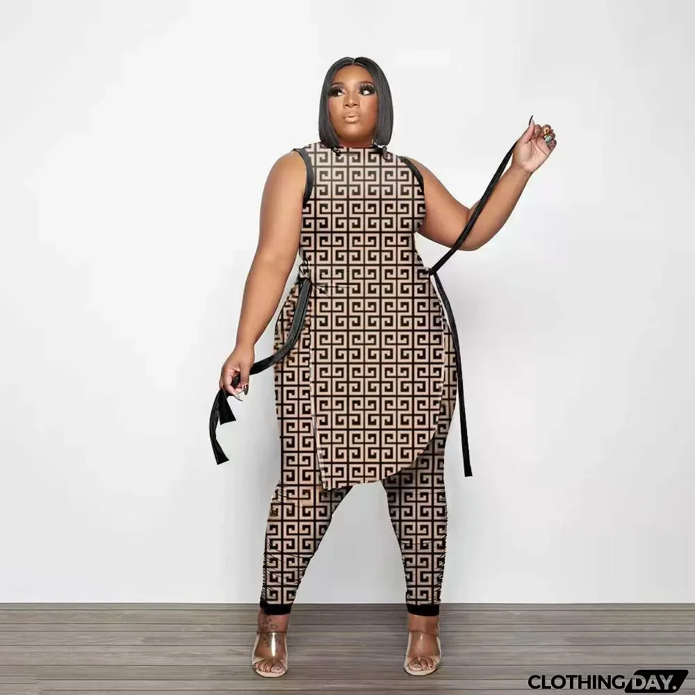 Plus Size Printed Split Sleeveless Top And Pants Set