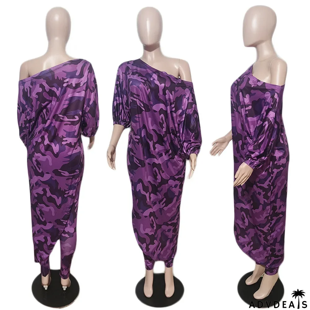 Women's Fashion Casual Loose Plus Size Slash Shoulder Pant Two Piece