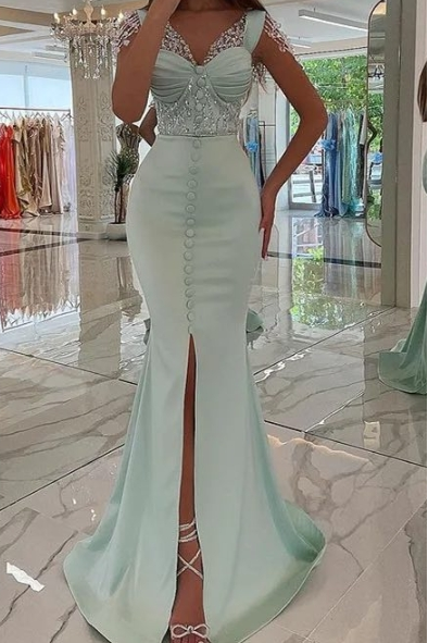Oknass Sleeveless Long Mermaid Front Split Prom Dress With Beading