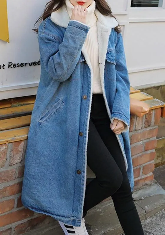  thdmladies Denim plus fleece warm pocket long coat thedmladies