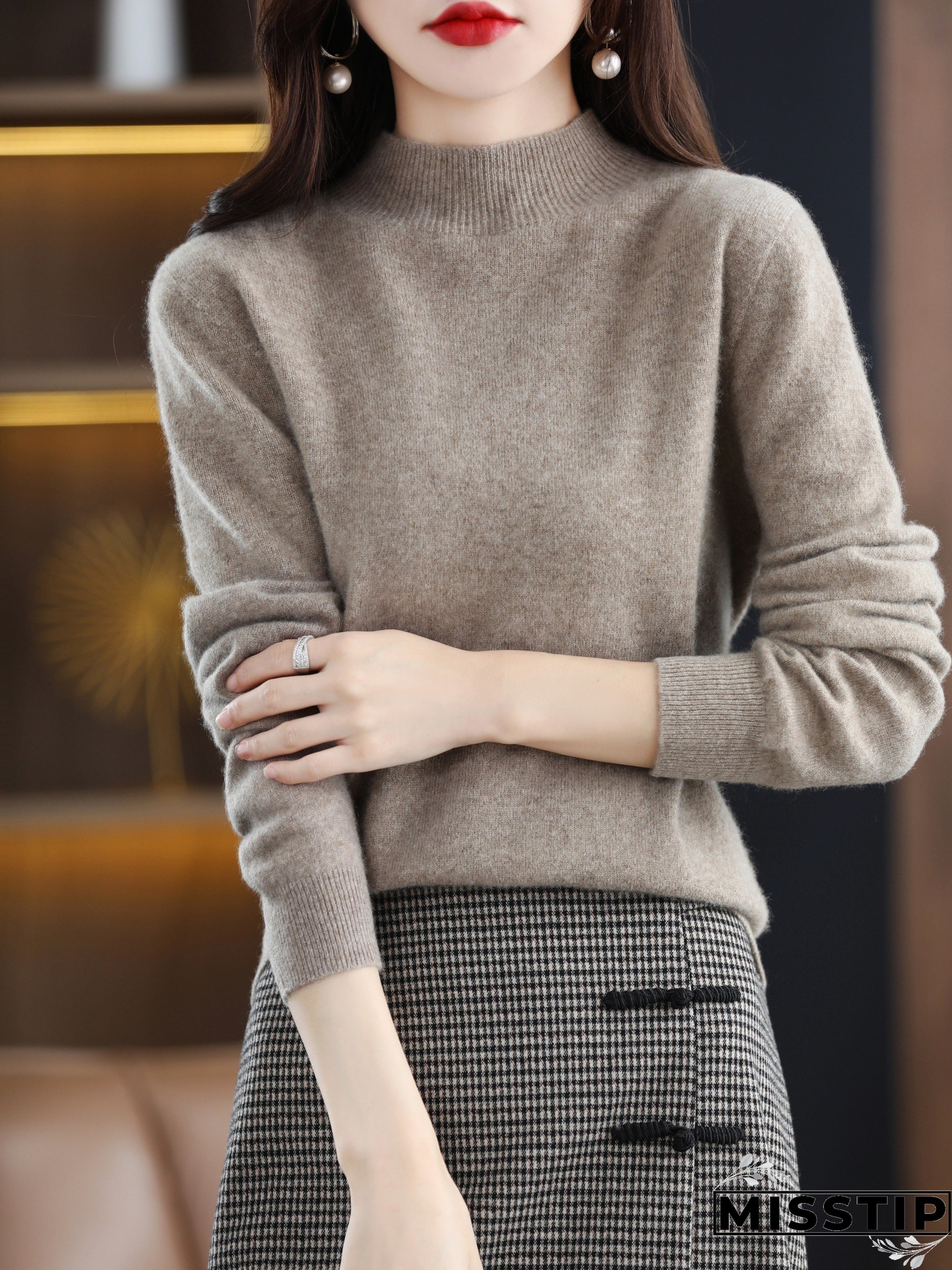 Solid Mock Neck Pullover Sweater, Elegant Long Sleeve Sweater, Women's Clothing