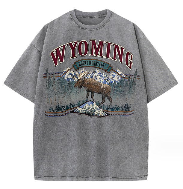 Wyoming Rocky Mountains Print Unisex Vintage Washed T-shirt Snowflake Batik Washed Distressed Loose Large Size T-shirt